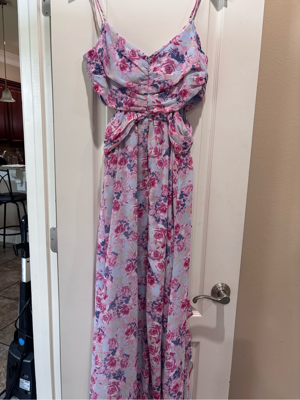 Lush Floral Chiffon Ruched Bodice with Side Cutouts Maxi Dress NWT Blue and Pink